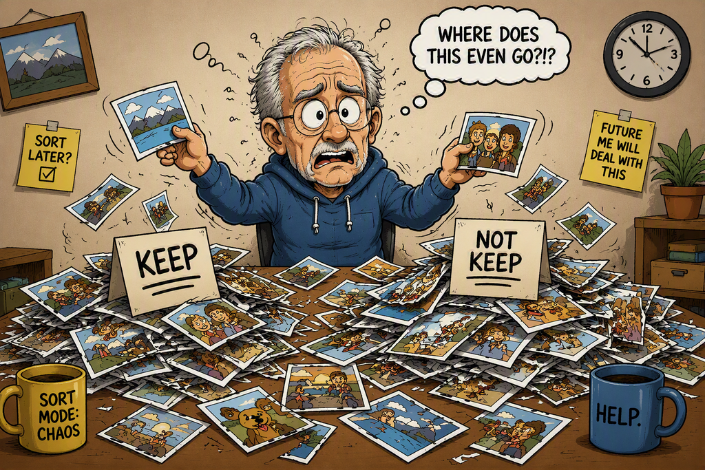 An old man sorts through a chaotic pile of photographs.